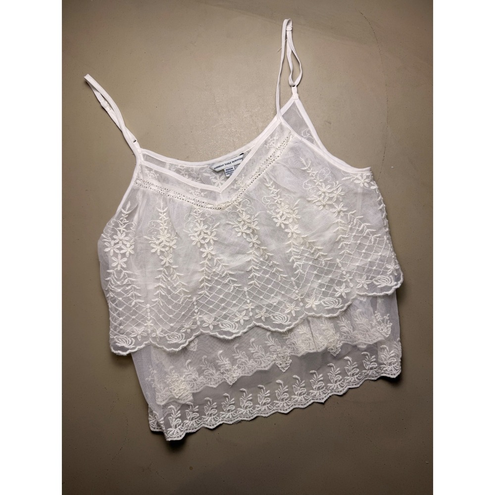 Lace Embroidered Cami Women M White Boho Tiered Mesh Cottagecore coquette prarie